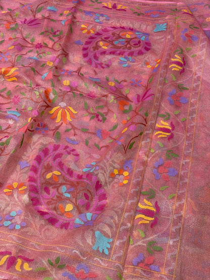 Baby Pink Handwoven Real Zari Exclusive Pure Banarasi Tissue Jamdani Saree