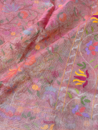 Baby Pink Handwoven Real Zari Exclusive Pure Banarasi Tissue Jamdani Saree