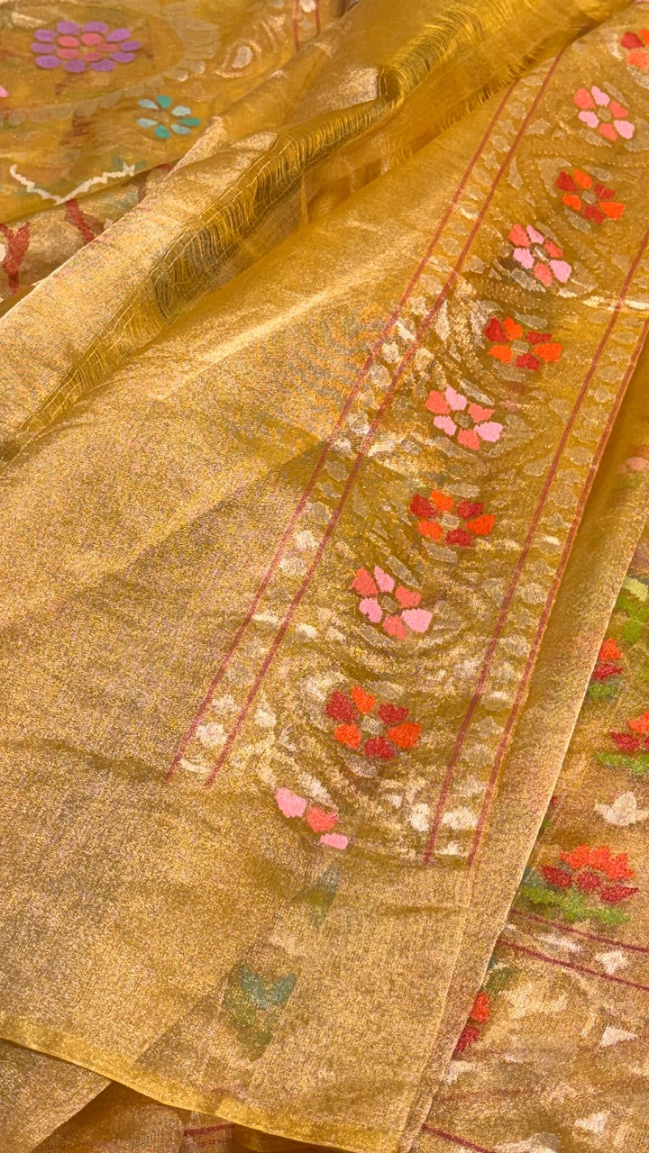 Gold Pure Banarasi Tissue Handwoven Saree with Real Zari