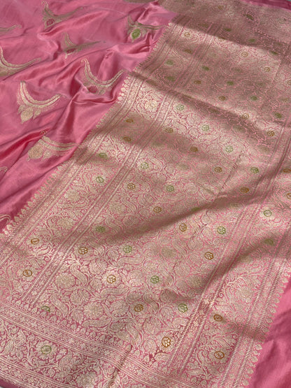 Powder Pink Handwoven Pure Banarasi Satin Silk Saree