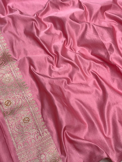 Powder Pink Handwoven Pure Banarasi Satin Silk Saree