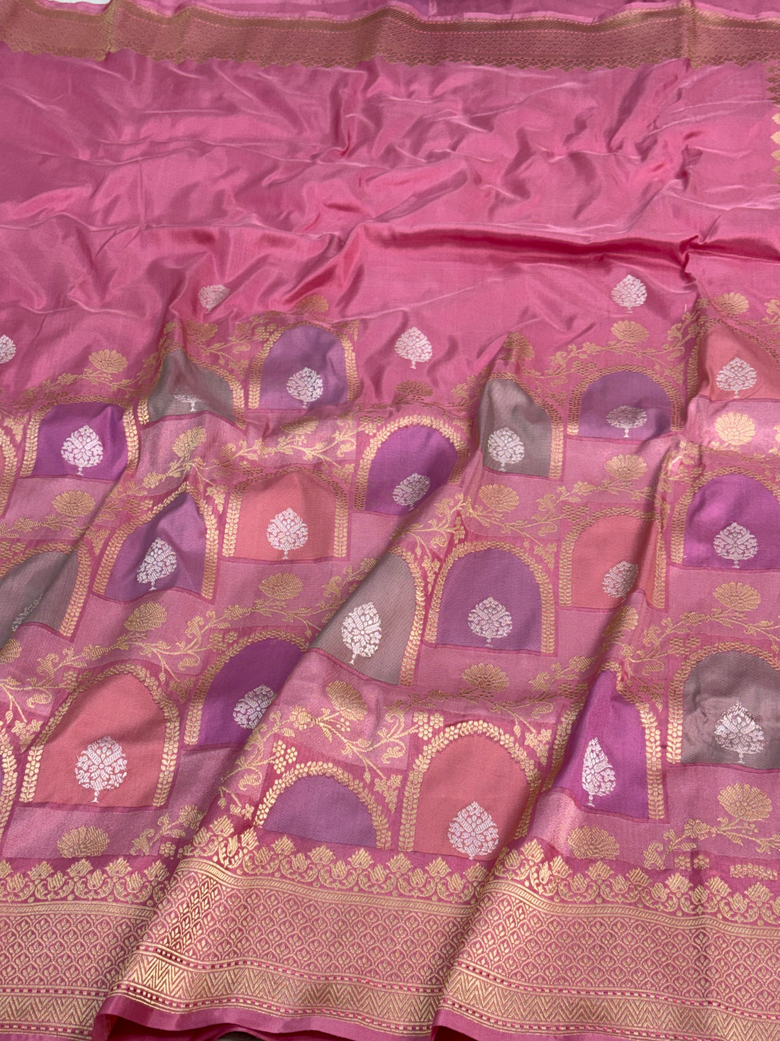 Pink Handwoven Pure Banarasi Half Rangkat Silk Saree