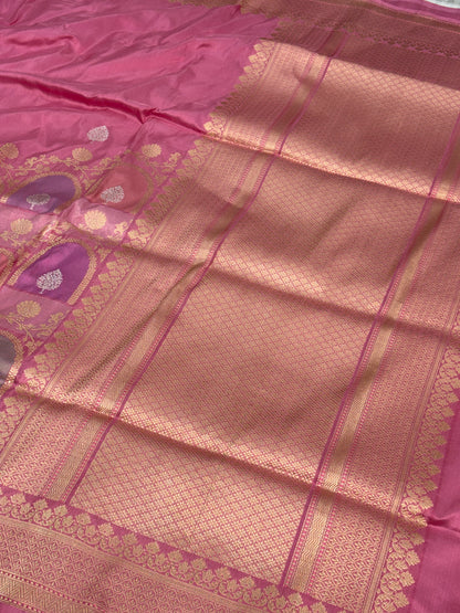 Pink Handwoven Pure Banarasi Half Rangkat Silk Saree