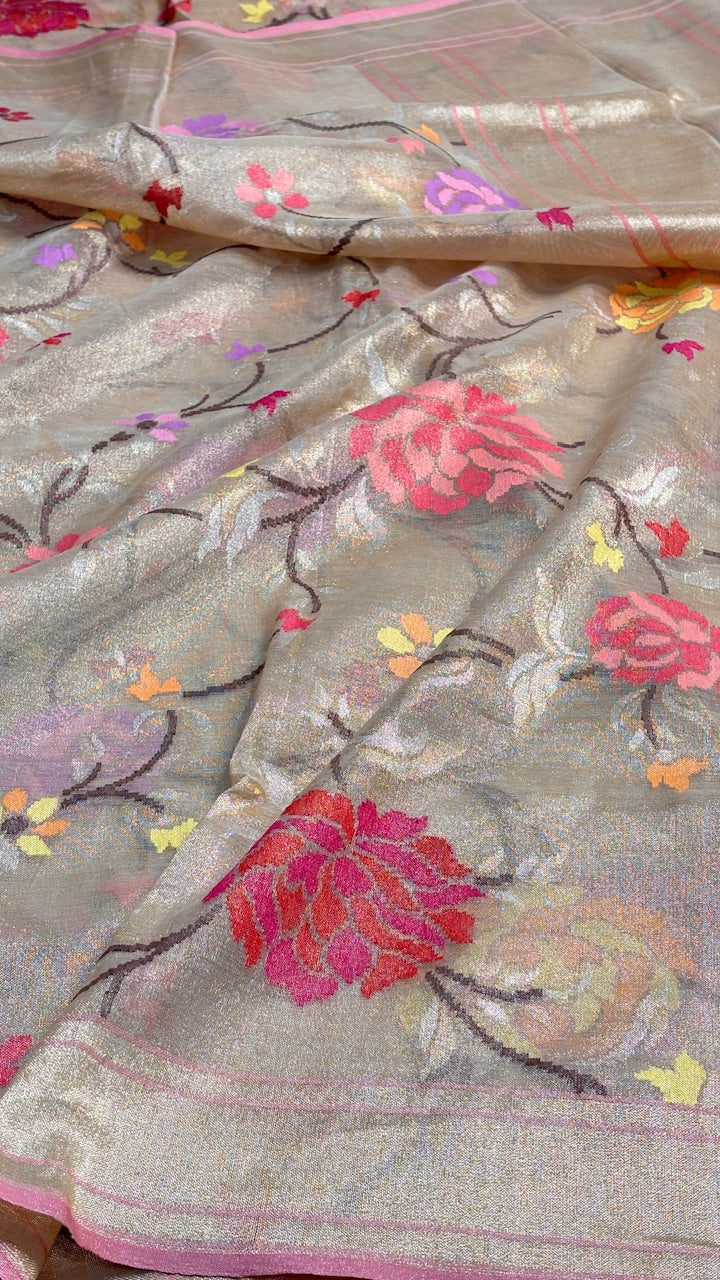 Beige Pure Banarasi Tissue Handwoven Saree with Real Zari