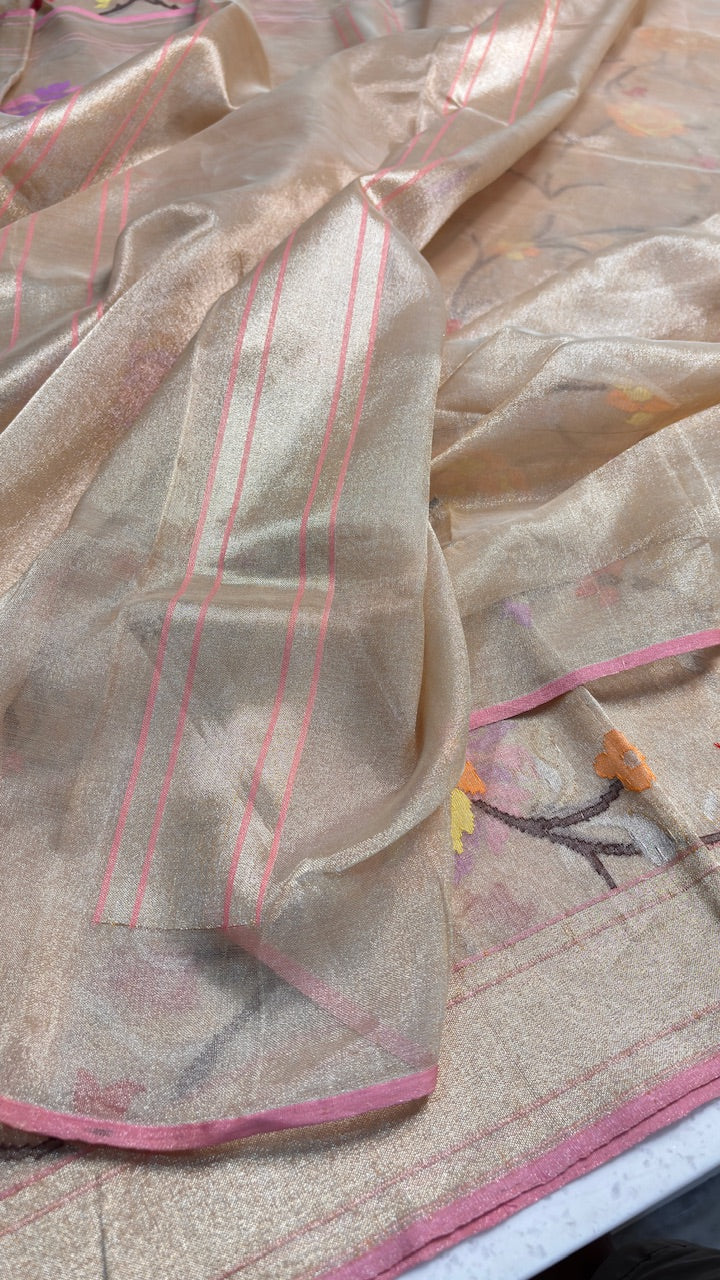 Beige Pure Banarasi Tissue Handwoven Saree with Real Zari