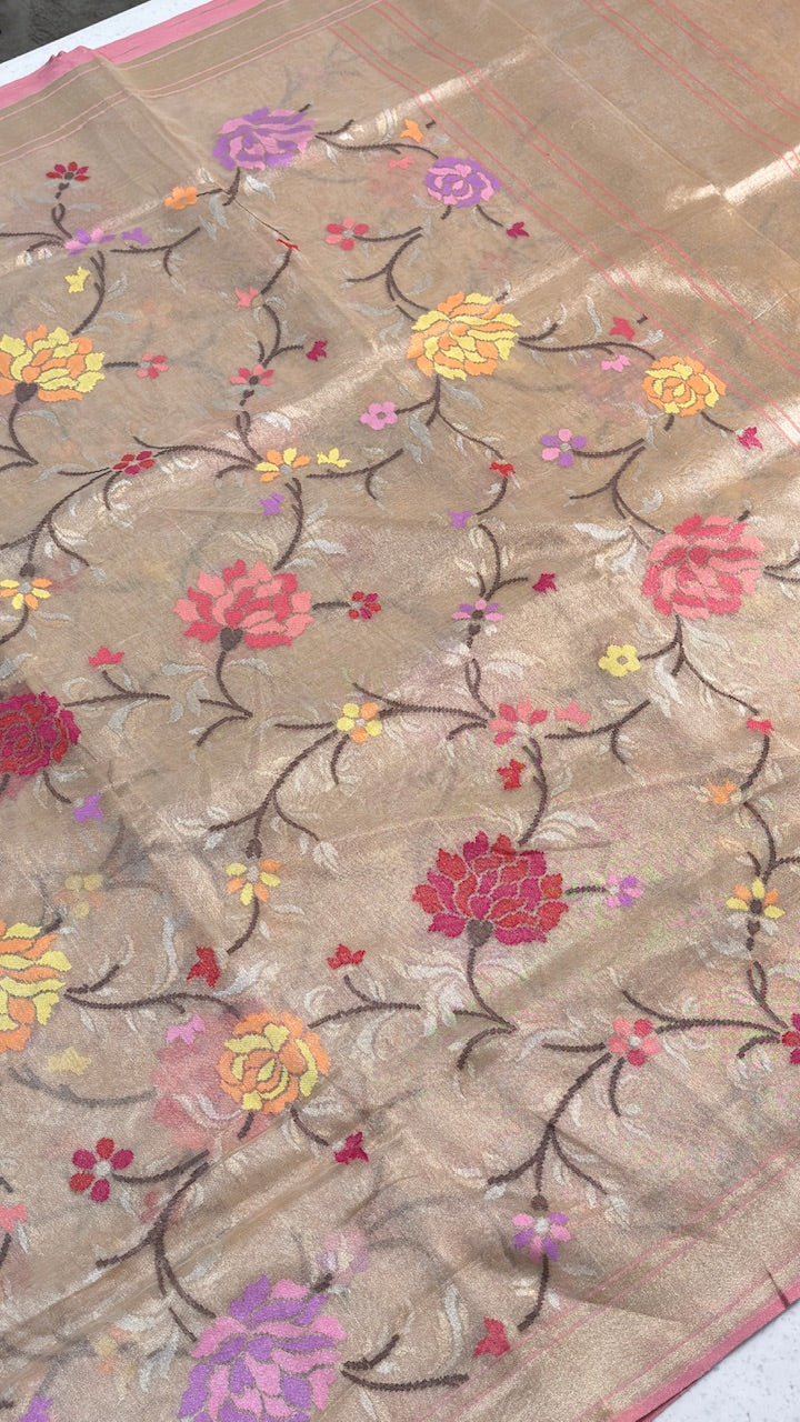 Beige Pure Banarasi Tissue Handwoven Saree with Real Zari