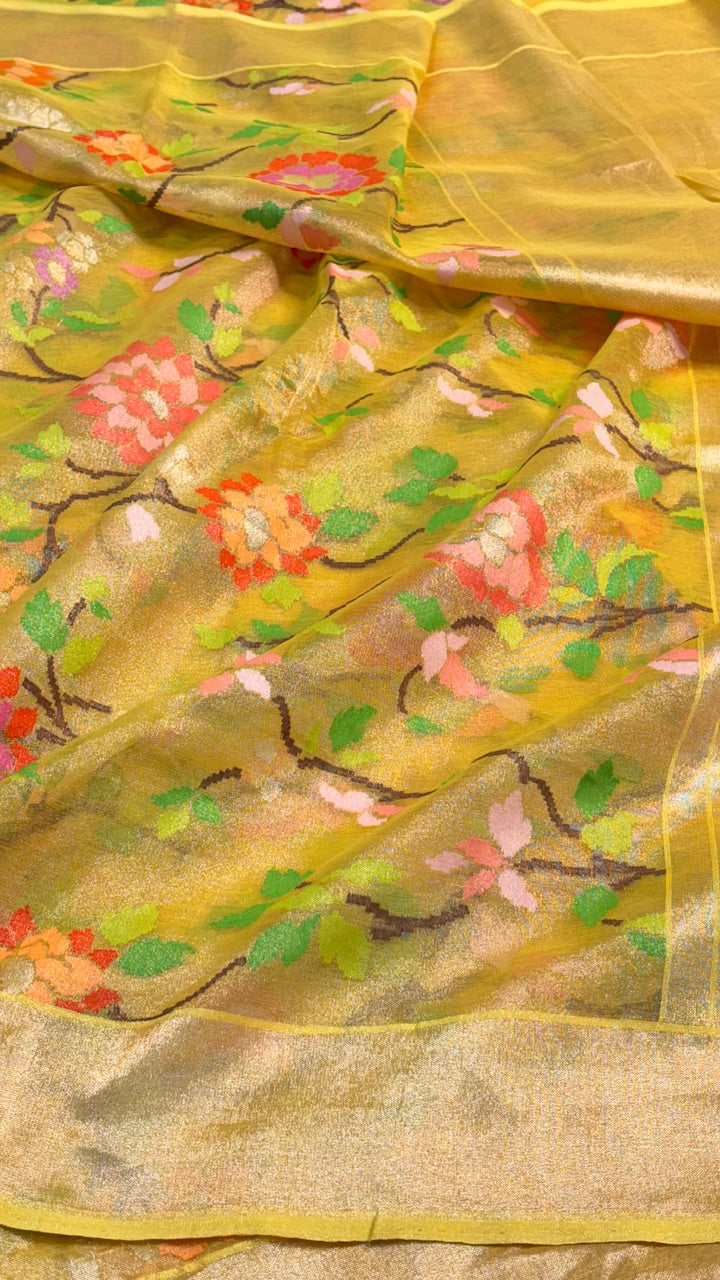 Gold Pure Banarasi Tissue Handwoven Saree with Real Zari