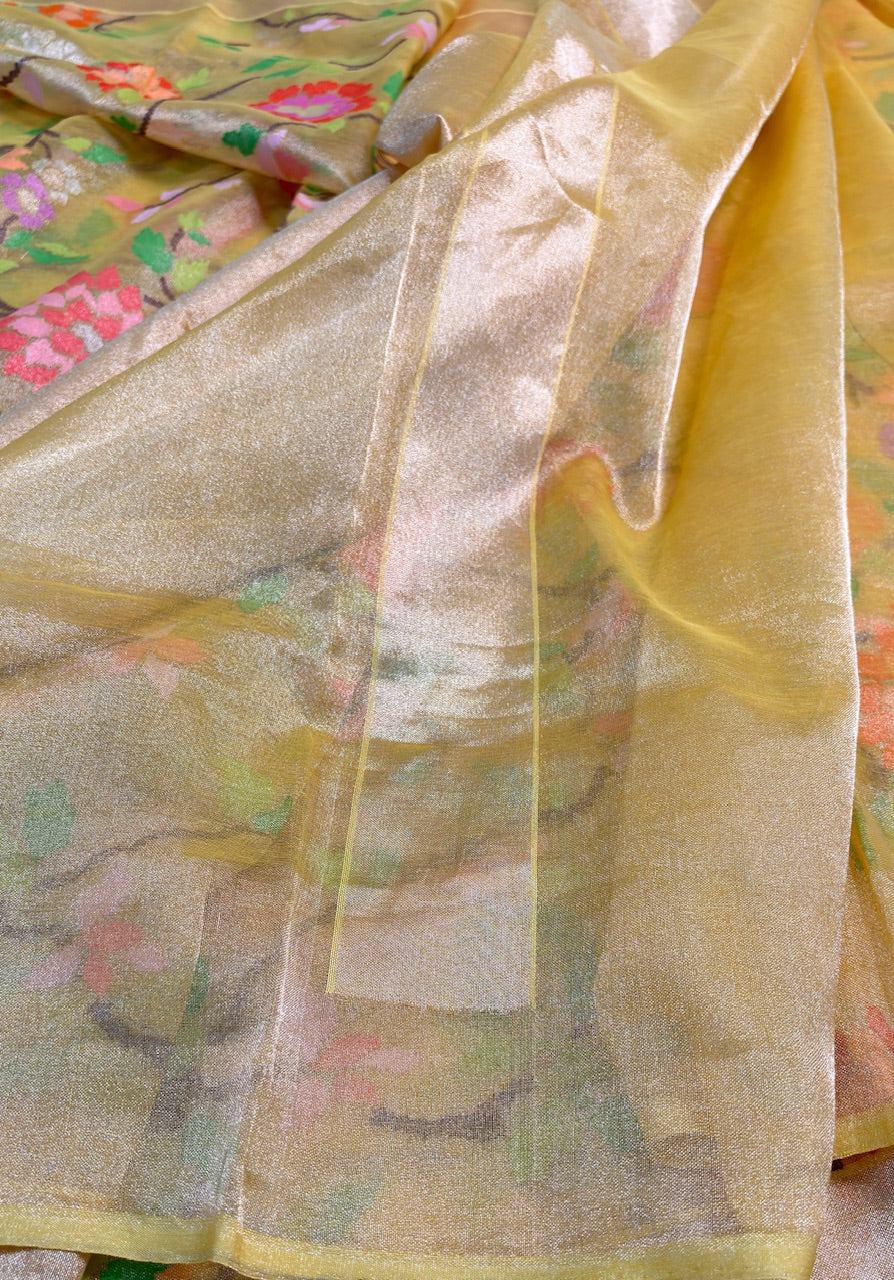 Gold Pure Banarasi Tissue Handwoven Saree with Real Zari