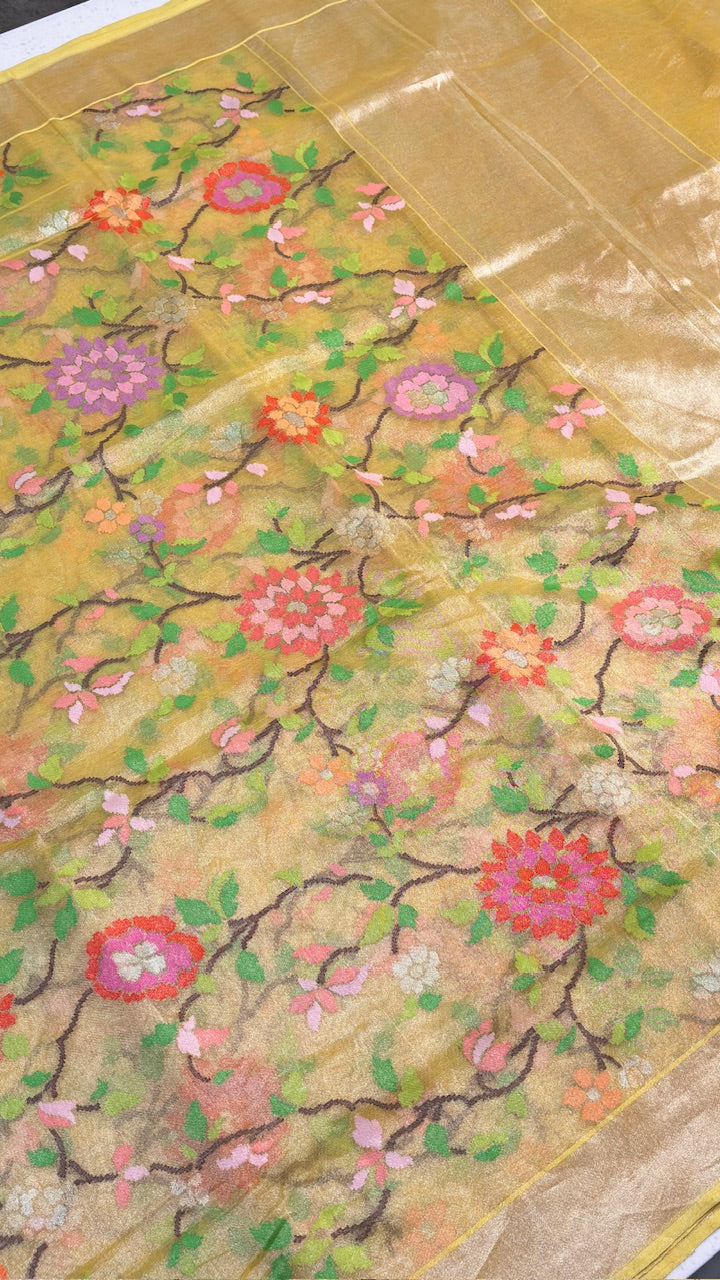 Gold Pure Banarasi Tissue Handwoven Saree with Real Zari