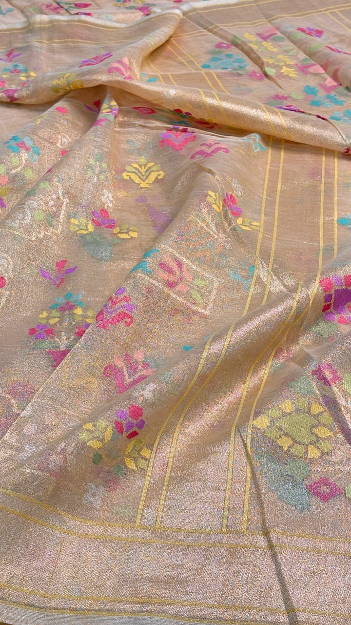 Beige Pure Banarasi Tissue Handwoven Saree with Real Zari