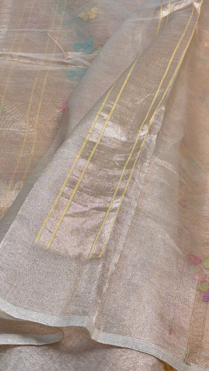 Beige Pure Banarasi Tissue Handwoven Saree with Real Zari
