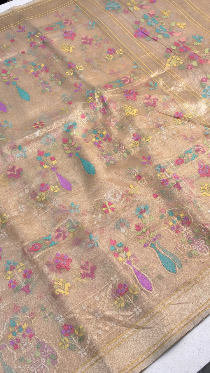 Beige Pure Banarasi Tissue Handwoven Saree with Real Zari