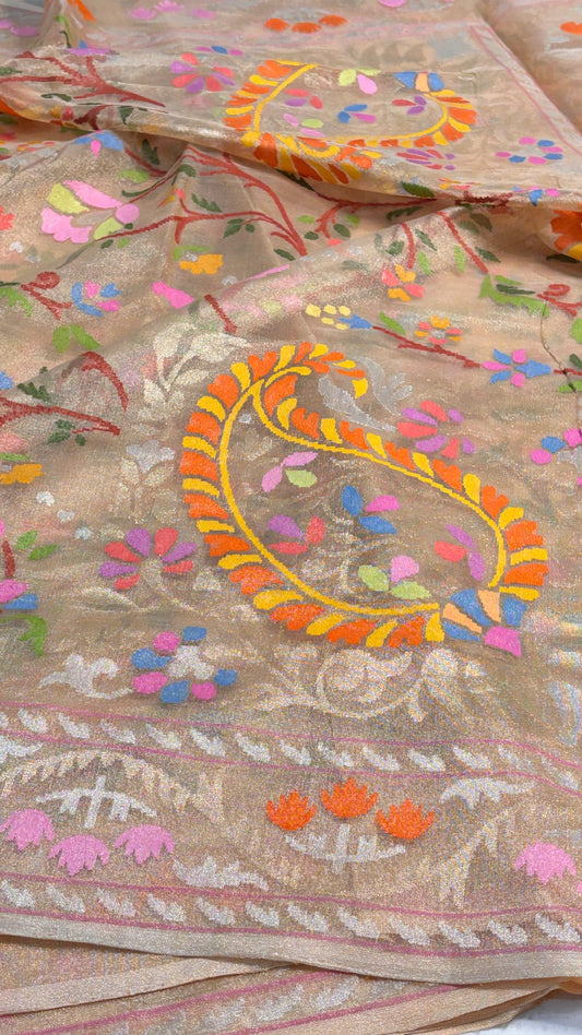 Rose Pink Pure Banarasi Tissue Handwoven Saree with Real Zari