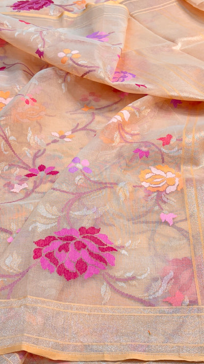 Rose Pink Pure Banarasi Tissue Handwoven Saree with Real Zari