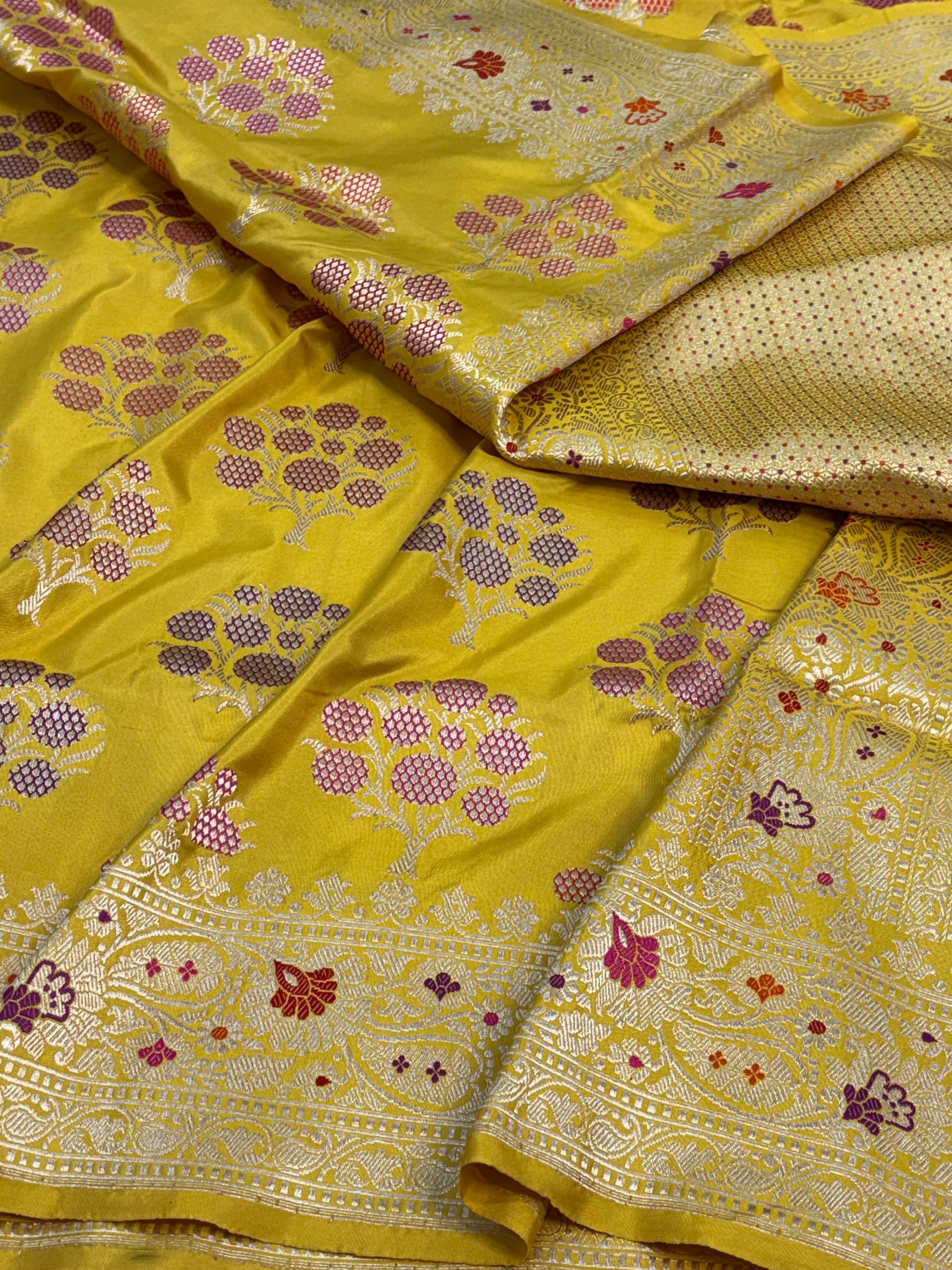 Handwoven Banarasi Mustard Yellow Pure Katan Silk Buta Jangla Weaving Saree