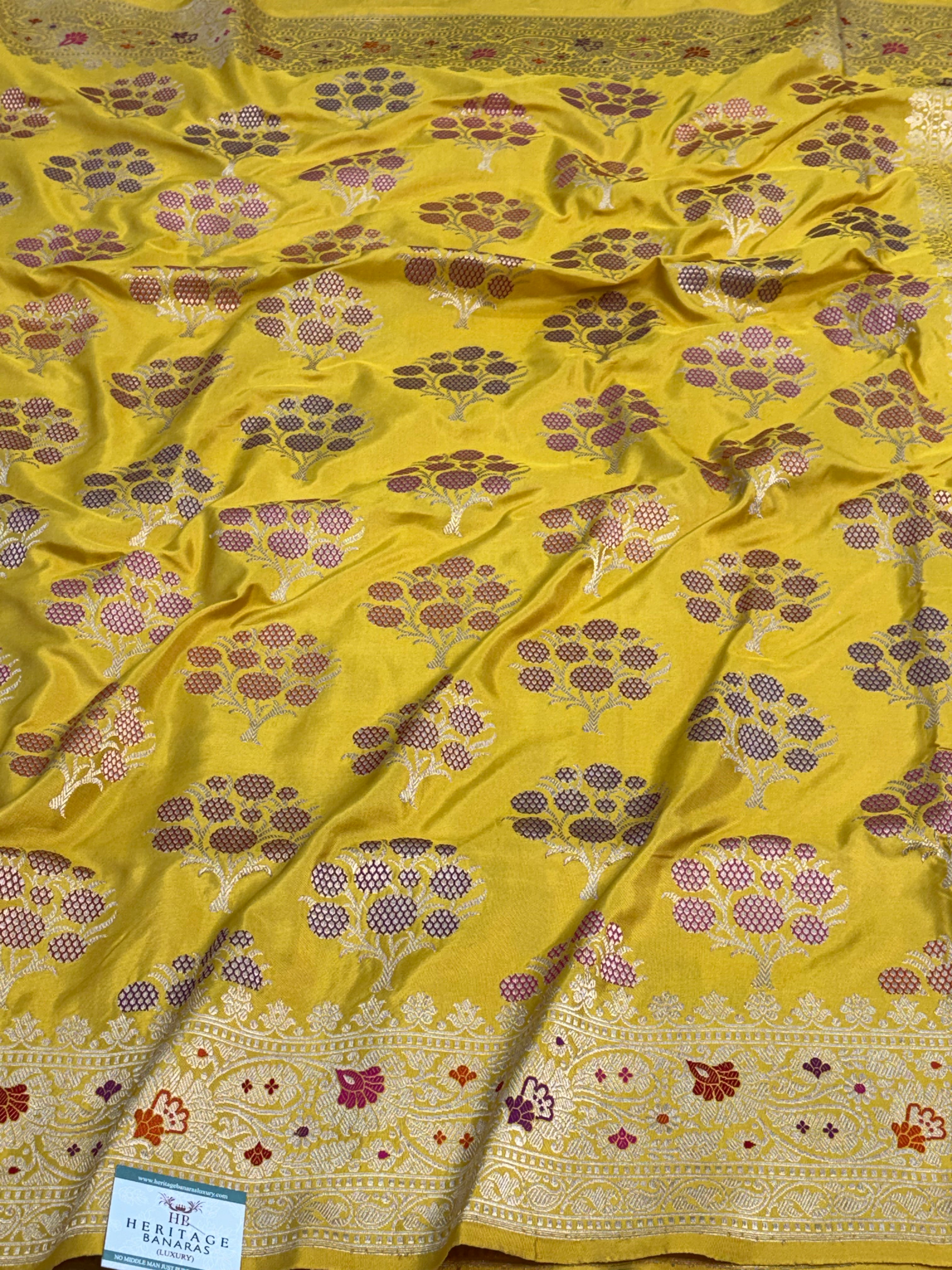 Handwoven Banarasi Mustard Yellow Pure Katan Silk Buta Jangla Weaving Saree