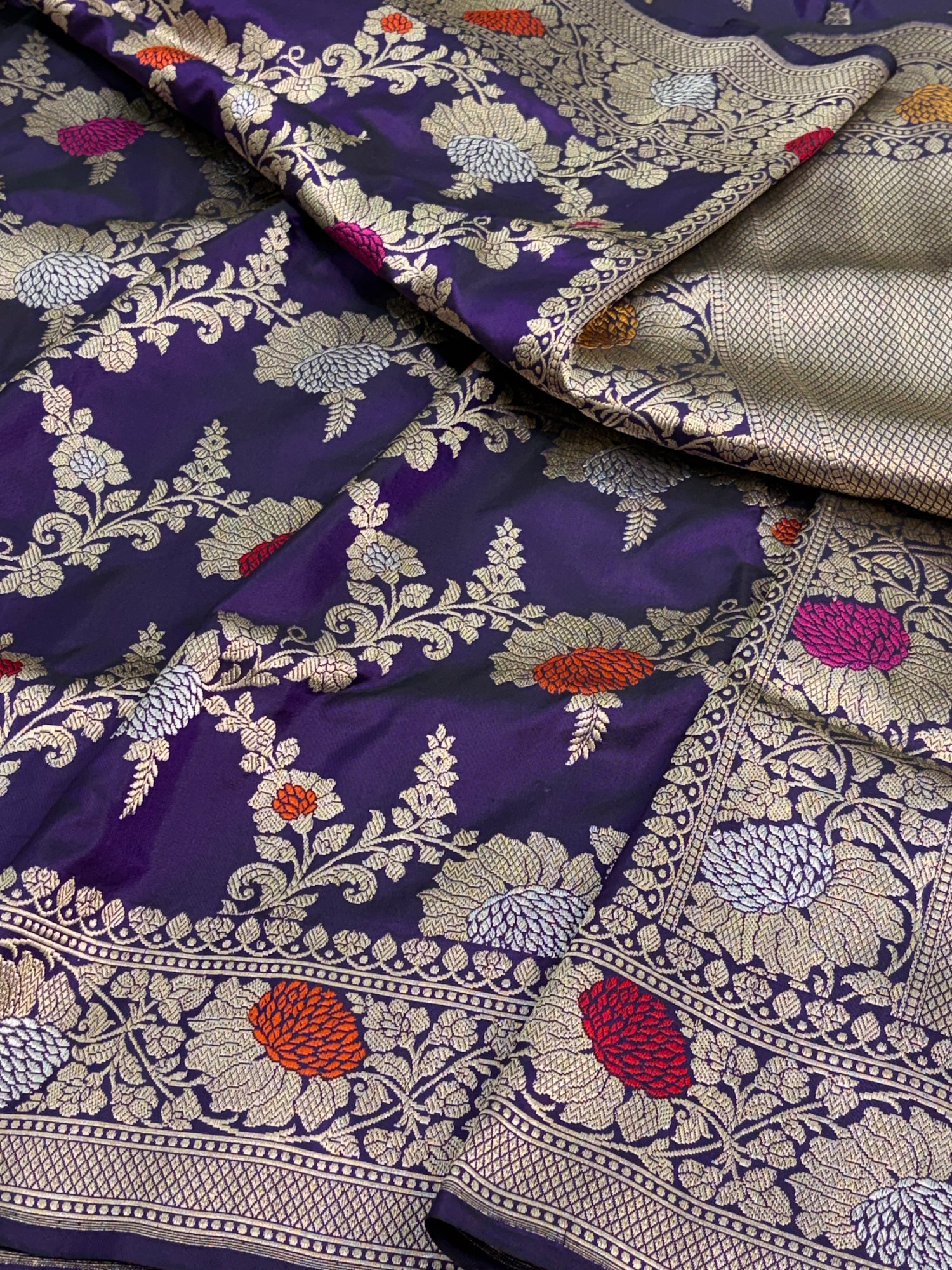 Purple Banarasi Handwoven Pure Katan Silk Meenakari Jangla Saree