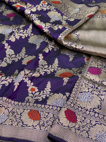 Purple Banarasi Handwoven Pure Katan Silk Meenakari Jangla Saree