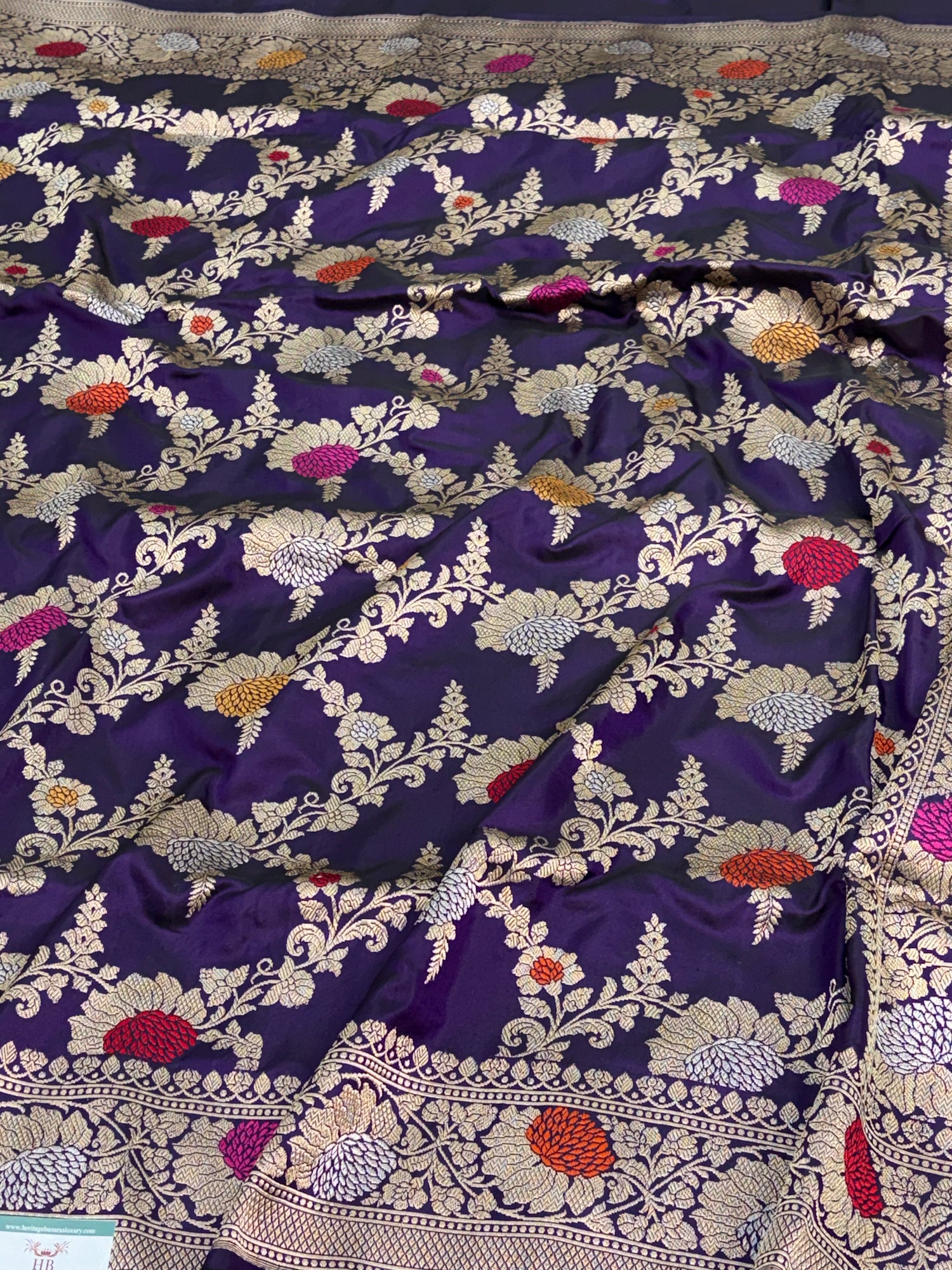 Purple Banarasi Handwoven Pure Katan Silk Meenakari Jangla Saree