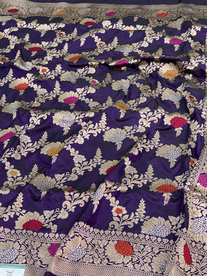Purple Banarasi Handwoven Pure Katan Silk Meenakari Jangla Saree