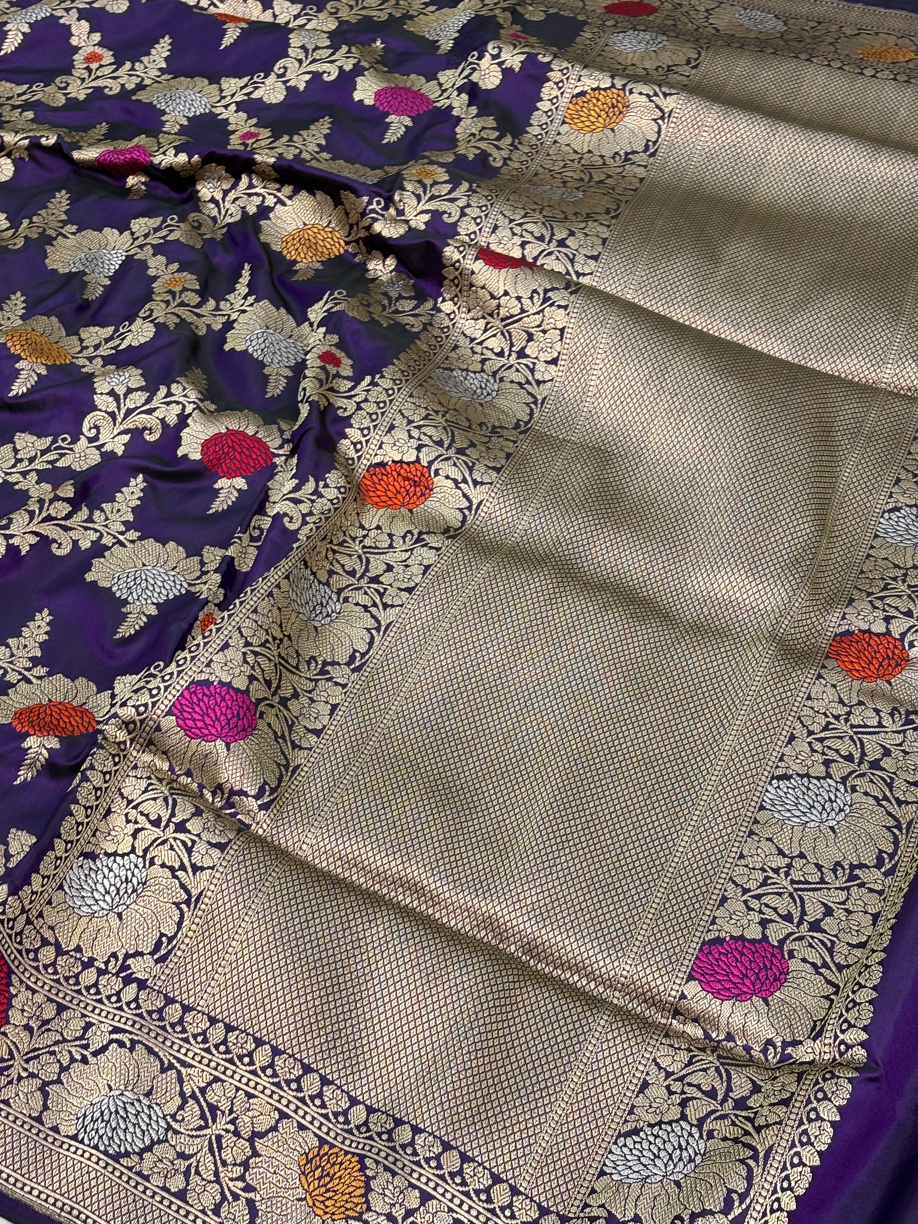 Purple Banarasi Handwoven Pure Katan Silk Meenakari Jangla Saree