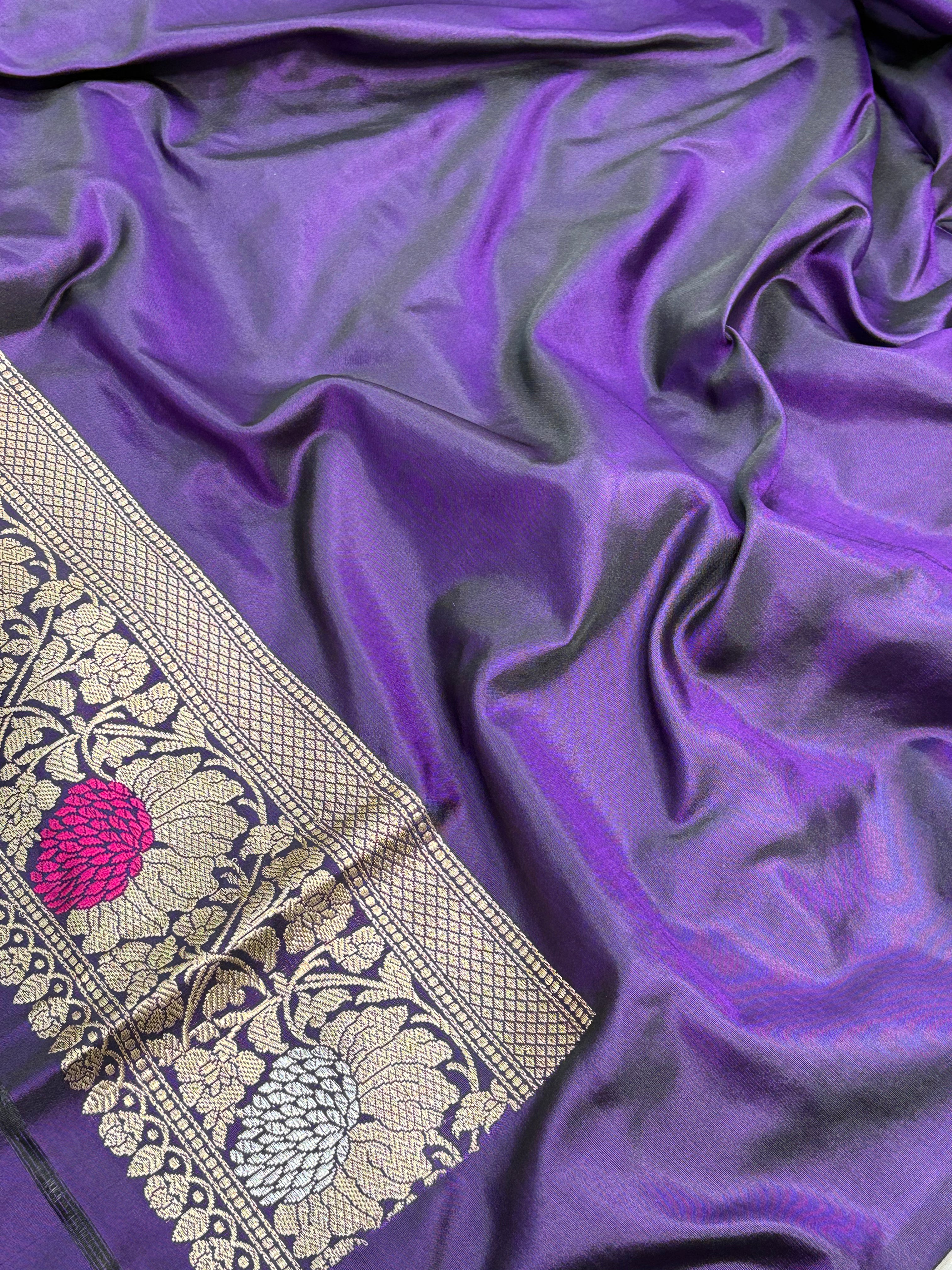 Purple Banarasi Handwoven Pure Katan Silk Meenakari Jangla Saree