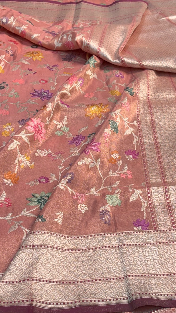 Peach Pure Banarasi Tissue Handwoven Saree