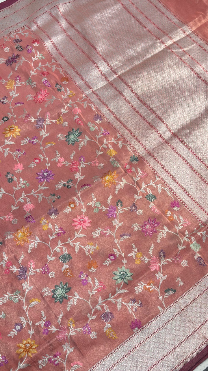 Peach Pure Banarasi Tissue Handwoven Saree