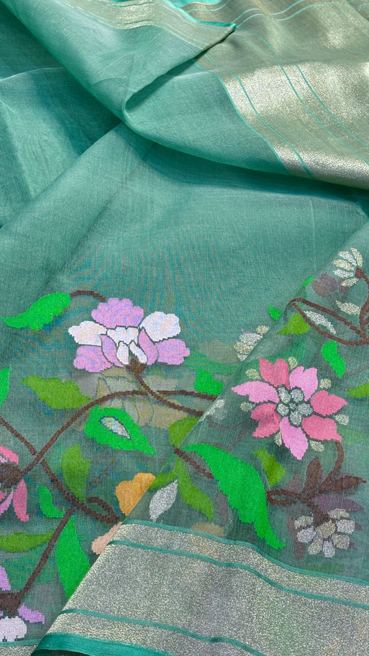 Teal Blue Pure Banarasi cotton organza Jamdani handloom Saree