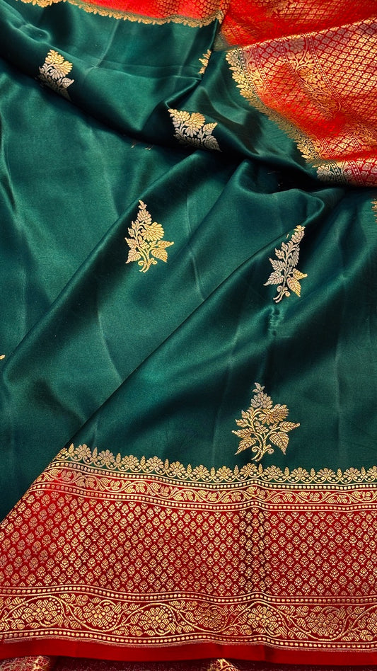Emerald Green Mashru Silk Banarasi  Handwoven Saree