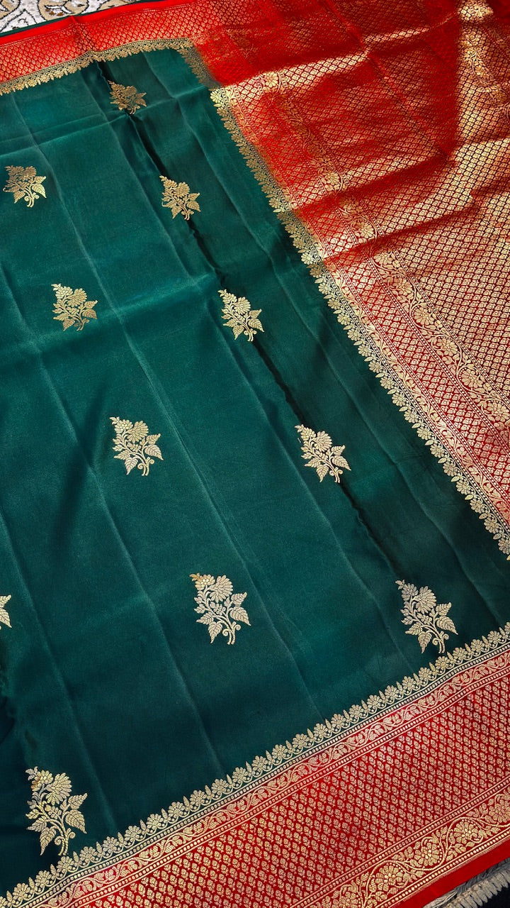 Emerald Green Mashru Silk Banarasi  Handwoven Saree