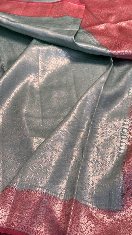Ash Greay Tissue Brocade Silk Banarasi Handwoven Saree
