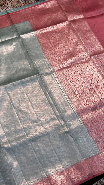 Ash Greay Tissue Brocade Silk Banarasi Handwoven Saree