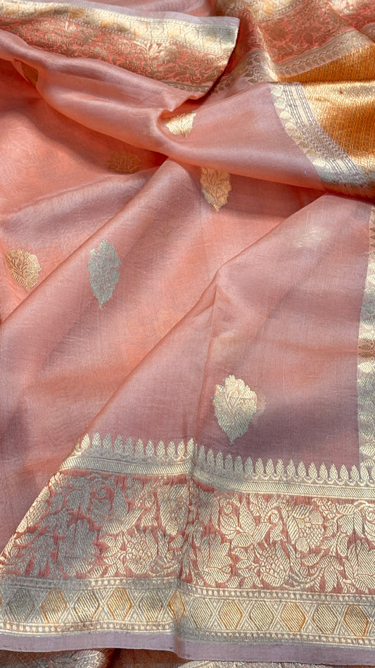 Peach Banarasi Kora Silk Saree