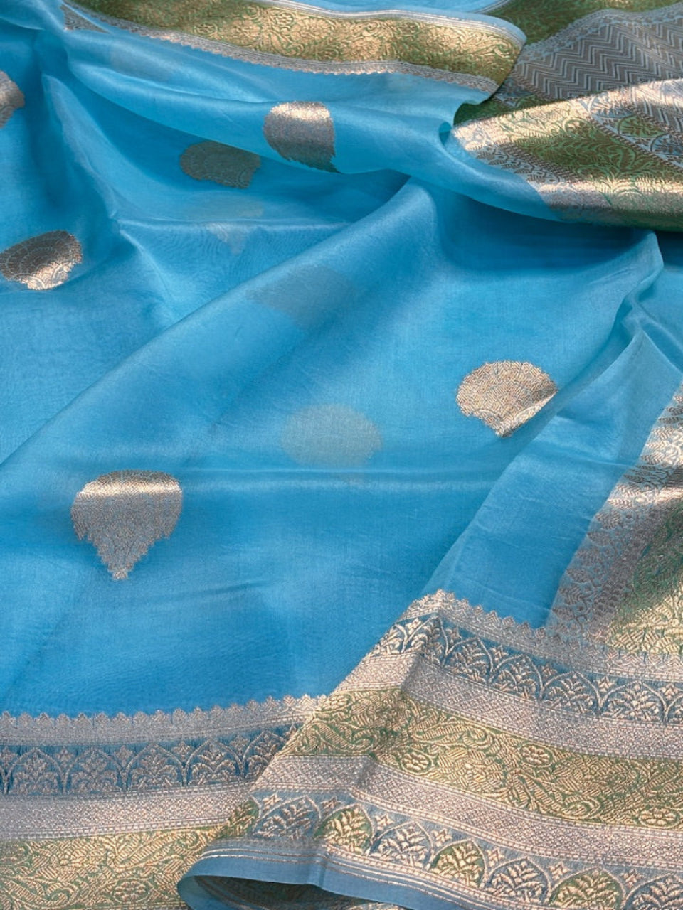 Aqua Blue Banarasi Kora Silk Saree