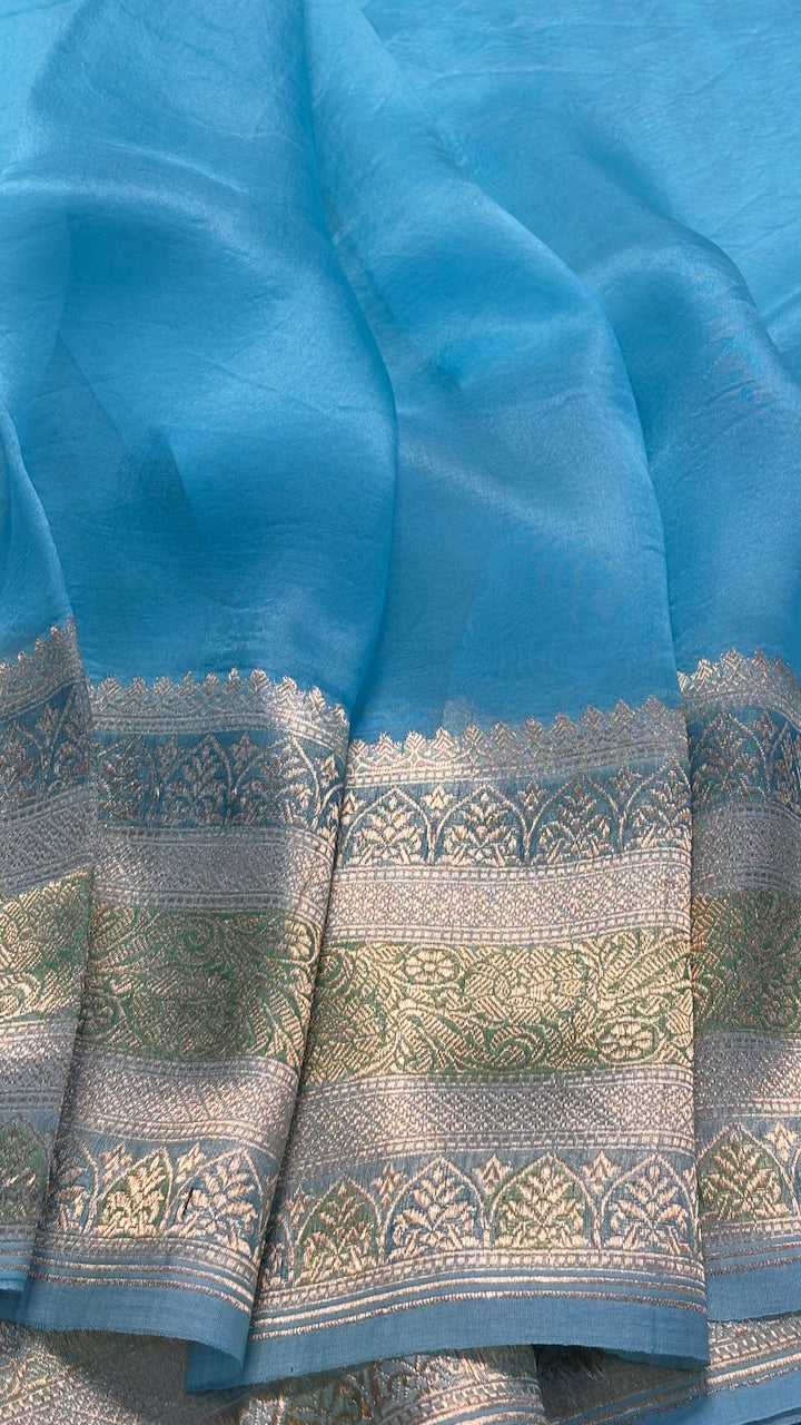 Aqua Blue Banarasi Kora Silk Saree