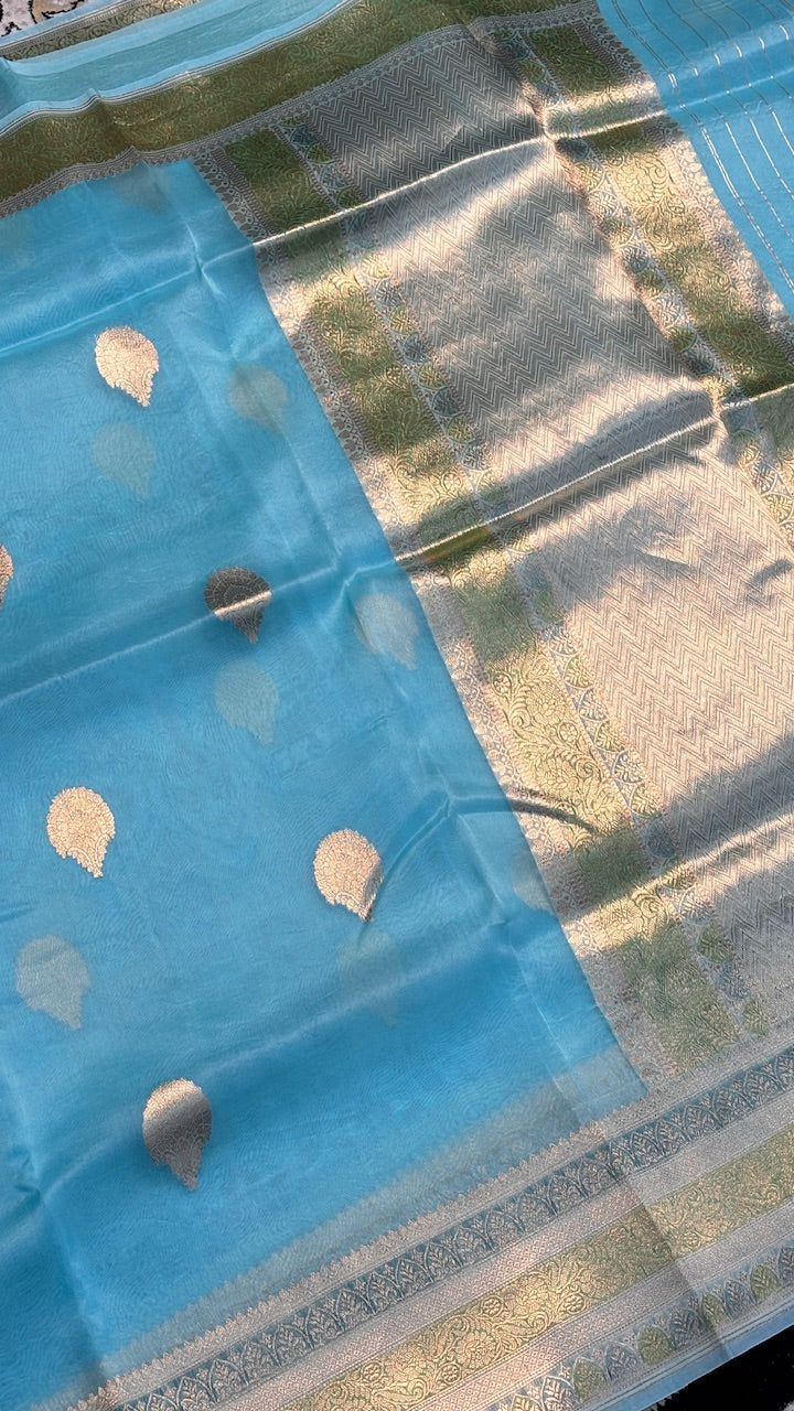 Aqua Blue Banarasi Kora Silk Saree
