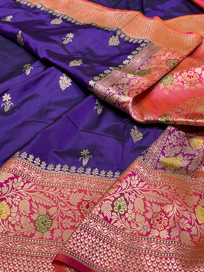 Purple Handwoven Pure Banarasi Ektara Silk Saree with Kadhiyaal Border