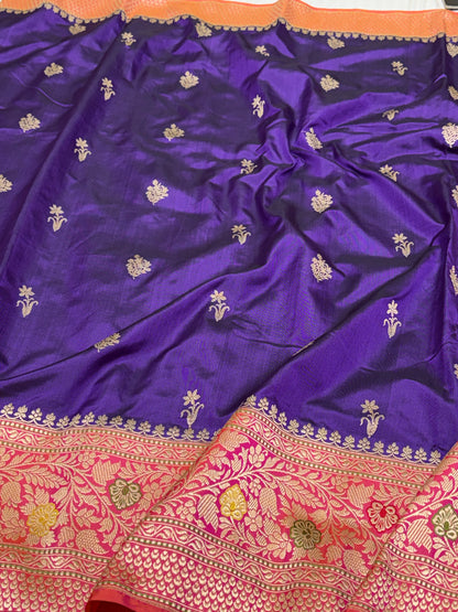 Purple Handwoven Pure Banarasi Ektara Silk Saree with Kadhiyaal Border