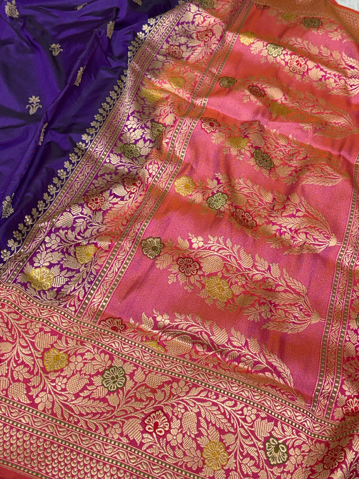 Purple Handwoven Pure Banarasi Ektara Silk Saree with Kadhiyaal Border