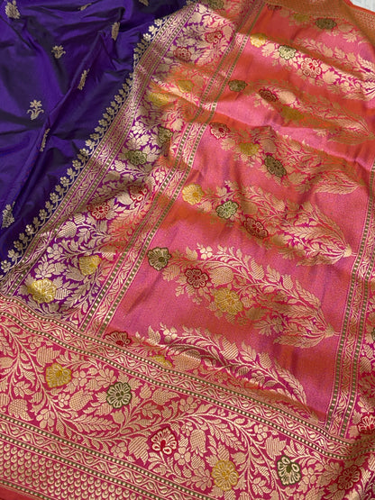 Purple Handwoven Pure Banarasi Ektara Silk Saree with Kadhiyaal Border