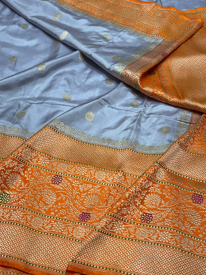 Sky Blue Handwoven Pure Banarasi Ektara Silk Saree with Kadhiyaal Border