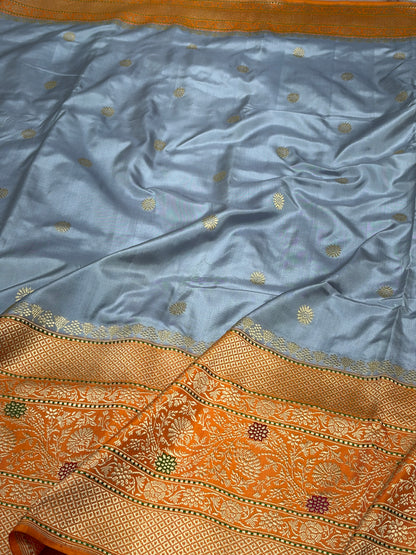 Sky Blue Handwoven Pure Banarasi Ektara Silk Saree with Kadhiyaal Border
