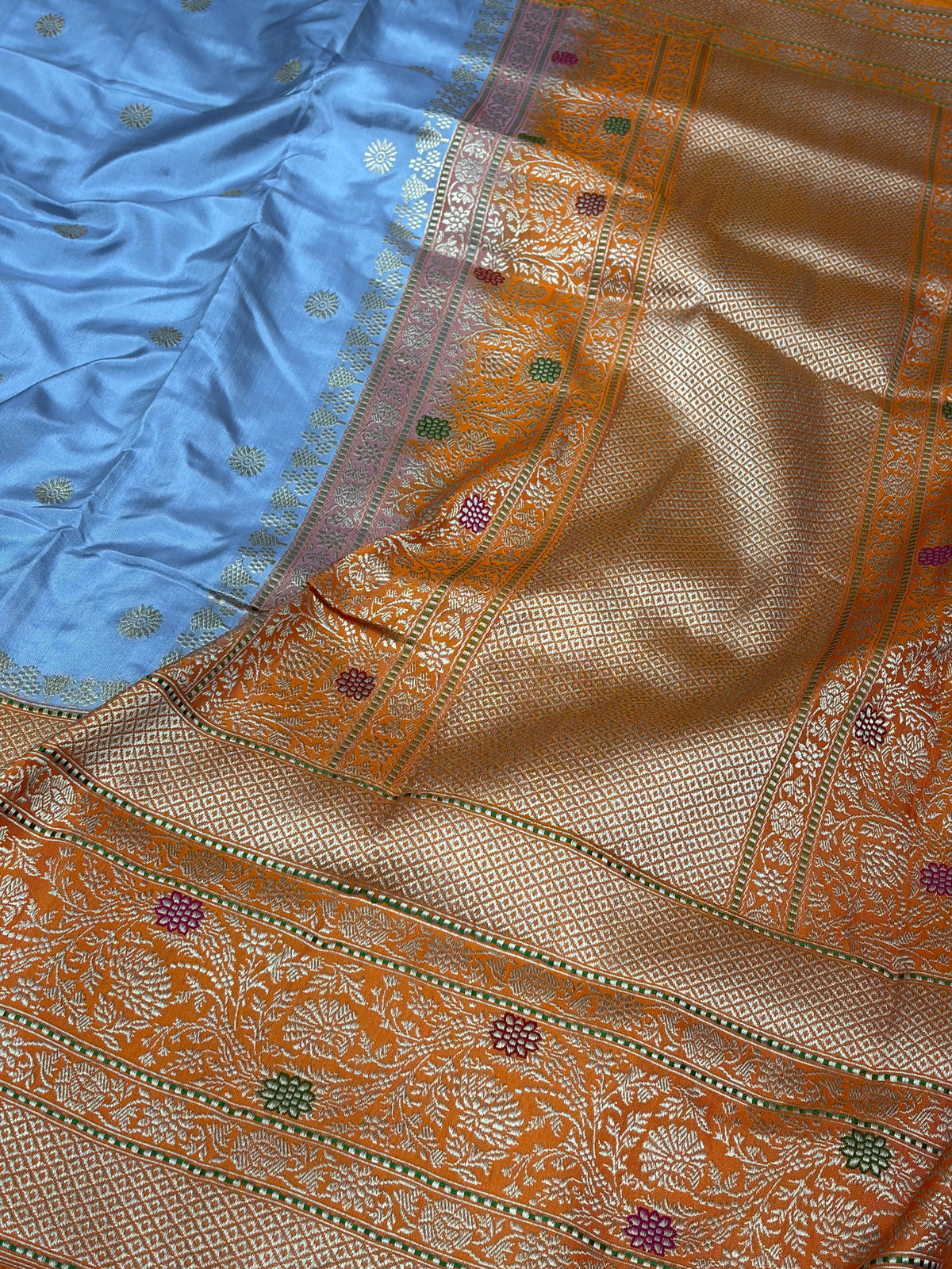 Sky Blue Handwoven Pure Banarasi Ektara Silk Saree with Kadhiyaal Border