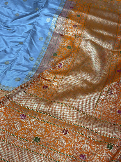 Sky Blue Handwoven Pure Banarasi Ektara Silk Saree with Kadhiyaal Border