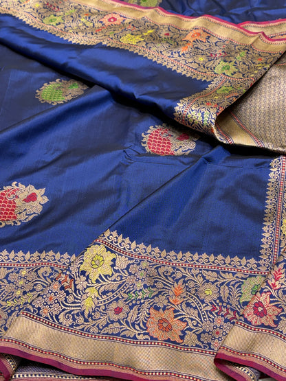 Navy Blue Handwoven Pure Banarasi Ektara Silk Saree