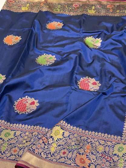 Navy Blue Handwoven Pure Banarasi Ektara Silk Saree