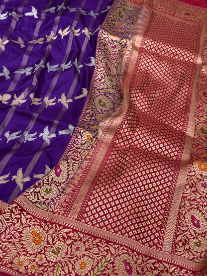 Purple Handwoven Pure Banarasi Ektara Silk Saree with Kadhiyaal Border