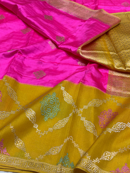 Rani Pink Handwoven Pure Banarasi Ektara Silk Saree with Kadhiyaal Kora Border