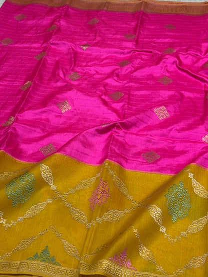 Rani Pink Handwoven Pure Banarasi Ektara Silk Saree with Kadhiyaal Kora Border